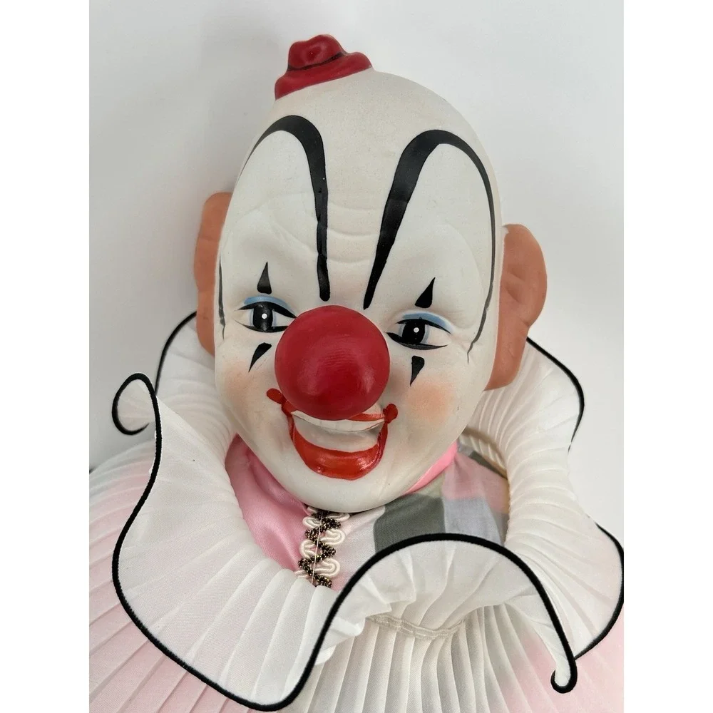 Vintage 80s Dynasty Porcelain Clown Doll‎ Pink with Sage Checkers